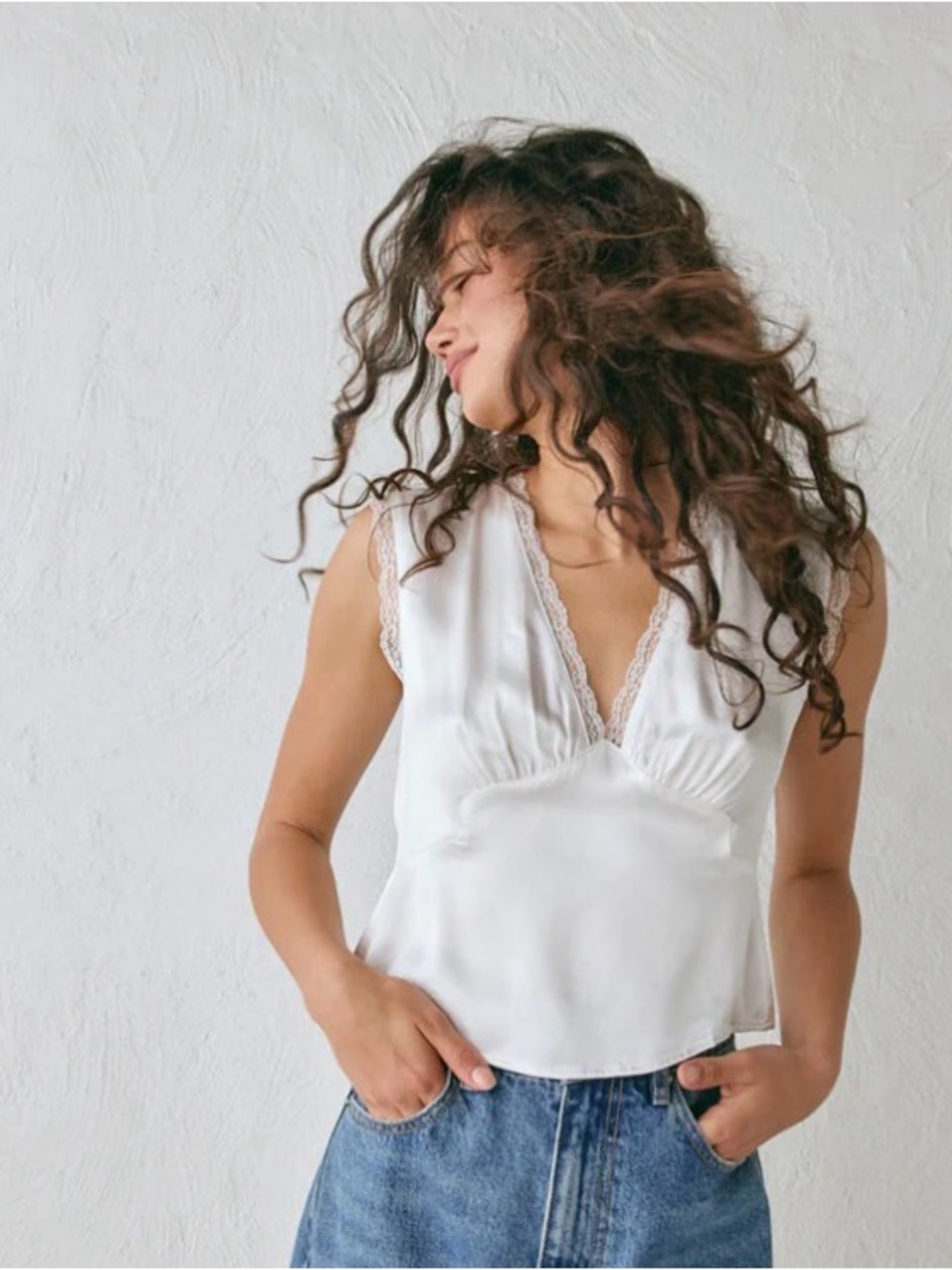 White Lace-Trim V-Neck Satin Top #34